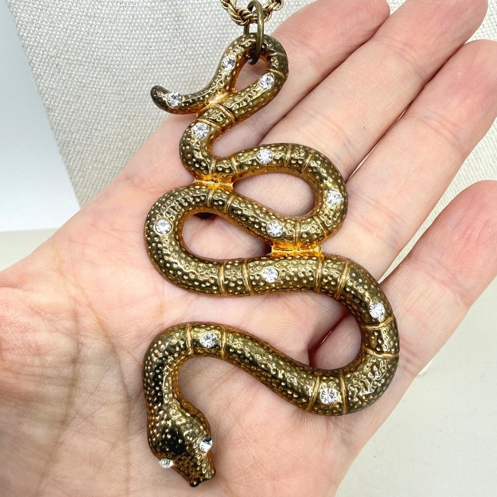 Snake‎ Pendant Necklace Bold Statement Long Rhinestone Gold Tone